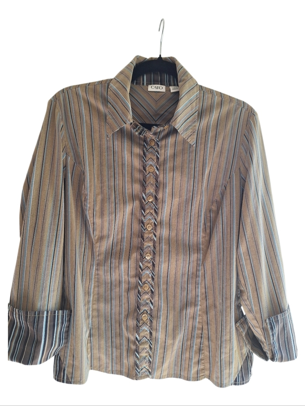 Cato Striped Button-Front Blouse in Taupe and Blue